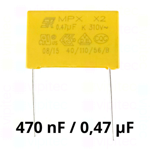 470 nF MKP X2 Kondensator, THT, ±10%, 310 VAC, -40..110 °C, 26,5 x 16,5 x 7 mm, RM 22,5 mm 470 nF MKP X2 Kondensator, THT, ±10%, 310 VAC, -40..110 °C, 26,5 x 16,5 x 7 mm, RM 22,5 mm