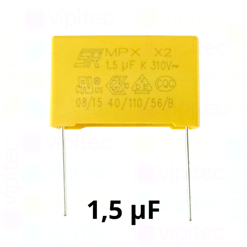 1,5 µF MKP X2 Kondensator, THT, ±10%, 310 VAC, -40..110 °C, 31,5 x 19,5 x 10,8 mm, RM 27,5 mm 1,5 µF MKP X2 Kondensator, THT, ±10%, 310 VAC, -40..110 °C, 31,5 x 19,5 x 10,8 mm, RM 27,5 mm