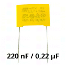 220 nF MKP X2 Kondensator, THT, ±10%, 310 VAC, -40..110 °C, 18 x 12 x 6 mm, RM 15 mm