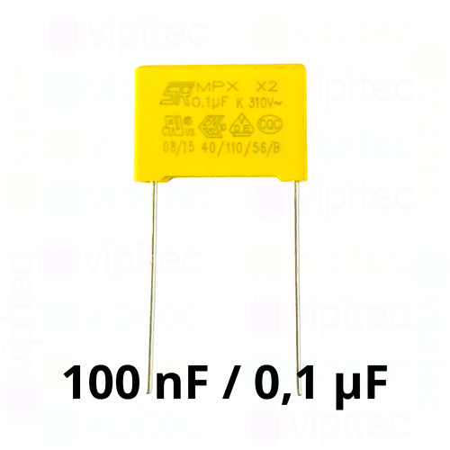 100 nF MKP X2 Kondensator, THT, ±10%, 310 VAC, -40..110 °C, 18 x 12 x 6 mm, RM 15 mm