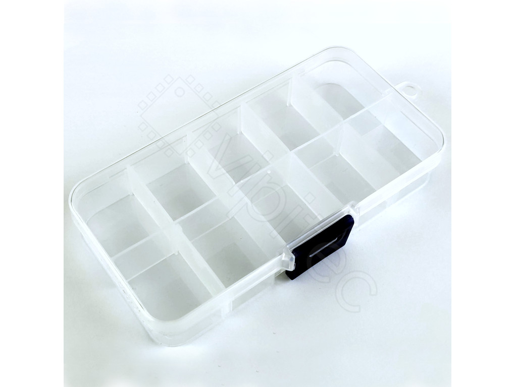 10er Sortimentsbox (6,5 cm x 12,8 cm x 2,1 cm), Sortimentskasten / Sortierkasten mit 10 Fächern und 6 variablen Zwischenwänden, transparent | vipitec
