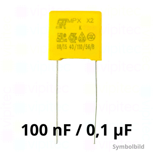 100 nF MKP X2 Kondensator, THT, ±10%, 310 VAC, -40..110 °C, 13 x 11 x 5 mm, RM 10 mm 100 nF MKP X2 Kondensator, THT, ±10%, 310 VAC, -40..110 °C, 13 x 11 x 5 mm, RM 10 mm