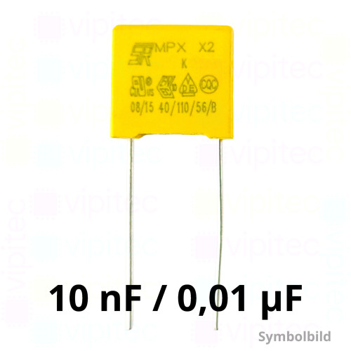 10 nF MKP X2 Kondensator, THT, ±10%, 310 VAC, -40..110 °C, 13 x 11 x 5 mm, RM 10 mm 10 nF MKP X2 Kondensator, THT, ±10%, 310 VAC, -40..110 °C, 13 x 11 x 5 mm, RM 10 mm