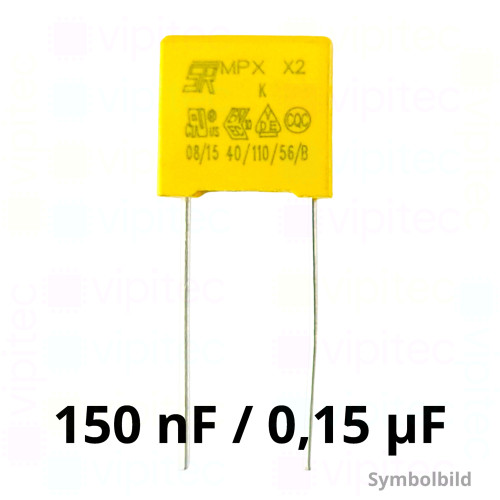 150 nF MKP X2 Kondensator, THT, ±10%, 310 VAC, -40..110 °C, 13 x 12 x 6 mm, RM 10 mm