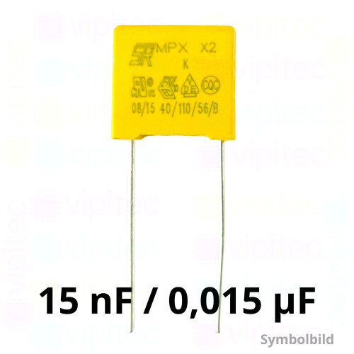 15 nF MKP X2 Kondensator, THT, ±10%, 310 VAC, -40..110 °C, 13 x 11 x 5 mm, RM 10 mm 15 nF MKP X2 Kondensator, THT, ±10%, 310 VAC, -40..110 °C, 13 x 11 x 5 mm, RM 10 mm