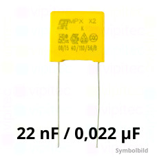 22 nF MKP X2 Kondensator, THT, ±10%, 310 VAC, -40..110 °C, 13 x 11 x 5 mm, RM 10 mm