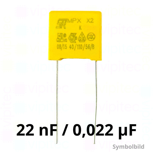 22 nF MKP X2 Kondensator, THT, ±10%, 310 VAC, -40..110 °C, 13 x 11 x 5 mm, RM 10 mm 22 nF MKP X2 Kondensator, THT, ±10%, 310 VAC, -40..110 °C, 13 x 11 x 5 mm, RM 10 mm