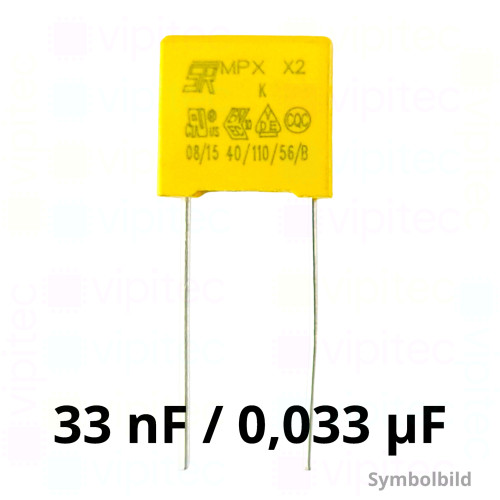 33 nF MKP X2 Kondensator, THT, ±10%, 310 VAC, -40..110 °C, 13 x 11 x 5 mm, RM 10 mm 33 nF MKP X2 Kondensator, THT, ±10%, 310 VAC, -40..110 °C, 13 x 11 x 5 mm, RM 10 mm