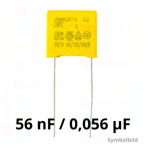 56 nF MKP X2 Kondensator, THT, ±10%, 310 VAC, -40..110 °C, 13 x 11 x 5 mm, RM 10 mm 56 nF MKP X2 Kondensator, THT, ±10%, 310 VAC, -40..110 °C, 13 x 11 x 5 mm, RM 10 mm
