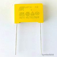 150 nF MKP X2 Kondensator, THT, ±10%, 310 VAC, -40..110 °C, 18 x 13,5 x 7,5 mm, RM 15 mm