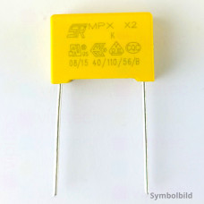 150 nF MKP X2 Kondensator, THT, ±10%, 310 VAC, -40..110 °C, 18 x 13,5 x 7,5 mm, RM 15 mm