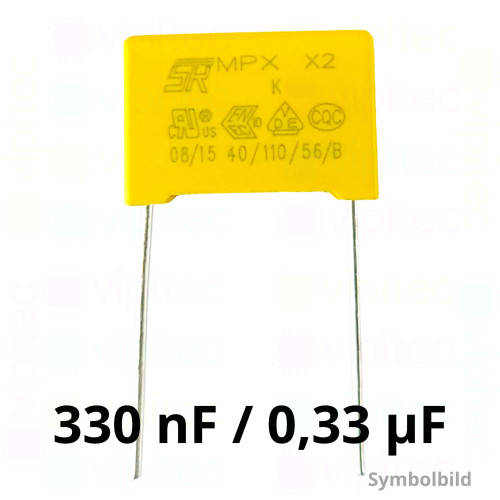 330 nF MKP X2 Kondensator, THT, ±10%, 310 VAC, -40..110 °C, 18 x 14,5 x 8,5 mm, RM 15 mm 330 nF MKP X2 Kondensator, THT, ±10%, 310 VAC, -40..110 °C, 18 x 14,5 x 8,5 mm, RM 15 mm