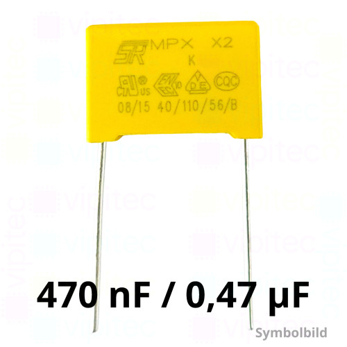 470 nF MKP X2 Kondensator, THT, ±10%, 310 VAC, -40..110 °C, 18 x 14,5 x 8,5 mm, RM 15 mm 470 nF MKP X2 Kondensator, THT, ±10%, 310 VAC, -40..110 °C, 18 x 14,5 x 8,5 mm, RM 15 mm