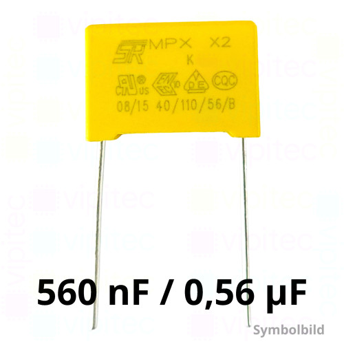560 nF MKP X2 Kondensator, THT, ±10%, 310 VAC, -40..110 °C, 18 x 16 x 10 mm, RM 15 mm 560 nF MKP X2 Kondensator, THT, ±10%, 310 VAC, -40..110 °C, 18 x 16 x 10 mm, RM 15 mm