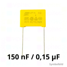 150 nF MKP X2 Kondensator, THT, ±10%, 310 VAC, -40..110 °C, 18 x 13,5 x 7,5 mm, RM 15 mm