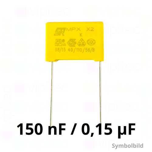 150 nF MKP X2 Kondensator, THT, ±10%, 310 VAC, -40..110 °C, 18 x 13,5 x 7,5 mm, RM 15 mm 150 nF MKP X2 Kondensator, THT, ±10%, 310 VAC, -40..110 °C, 18 x 13,5 x 7,5 mm, RM 15 mm