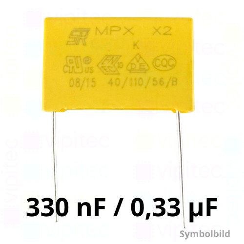 330 nF MKP X2 Kondensator, THT, ±10%, 310 VAC, -40..110 °C, 26,5 x 16,5 x 7 mm, RM 22,5 mm 330 nF MKP X2 Kondensator, THT, ±10%, 310 VAC, -40..110 °C, 26,5 x 16,5 x 7 mm, RM 22,5 mm