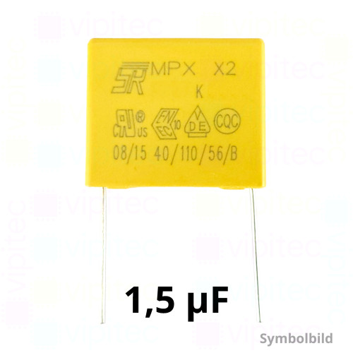 1,5 µF MKP X2 Kondensator, THT, ±10%, 310 VAC, -40..110 °C, 26,3 x 21,5 x 12 mm, RM 22,5 mm 1,5 µF MKP X2 Kondensator, THT, ±10%, 310 VAC, -40..110 °C, 26,3 x 21,5 x 12 mm, RM 22,5 mm