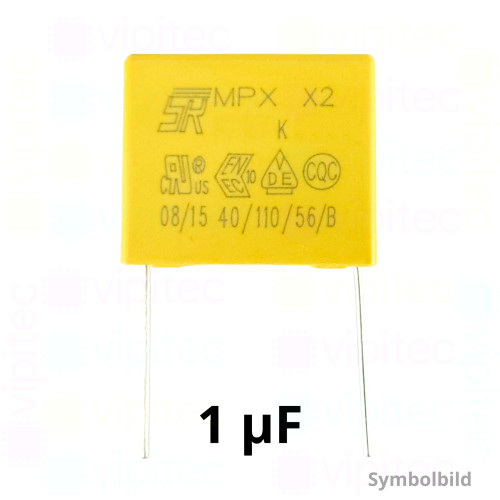 1 µF MKP X2 Kondensator, THT, ±10%, 310 VAC, -40..110 °C, 26,3 x 19 x 10 mm, RM 22,5 mm 1 µF MKP X2 Kondensator, THT, ±10%, 310 VAC, -40..110 °C, 26,3 x 19 x 10 mm, RM 22,5 mm