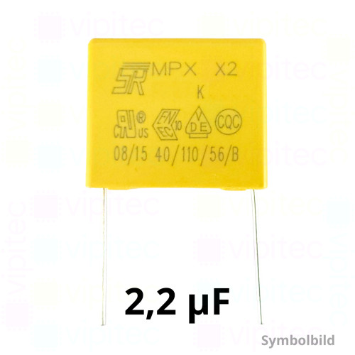 2,2 µF MKP X2 Kondensator, THT, ±10%, 310 VAC, -40..110 °C, 26,3 x 21,5 x 12 mm, RM 22,5 mm 2,2 µF MKP X2 Kondensator, THT, ±10%, 310 VAC, -40..110 °C, 26,3 x 21,5 x 12 mm, RM 22,5 mm