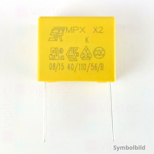 2,2 µF MKP X2 Kondensator, THT, ±10%, 310 VAC, -40..110 °C, 26,3 x 21,5 x 12 mm, RM 22,5 mm