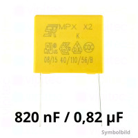820 nF MKP X2 Kondensator, THT, ±10%, 310 VAC, -40..110 °C, 26,5 x 21,5 x 12 mm, RM 22,5 mm