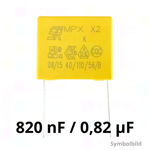 820 nF MKP X2 Kondensator, THT, ±10%, 310 VAC, -40..110 °C, 26,5 x 21,5 x 12 mm, RM 22,5 mm