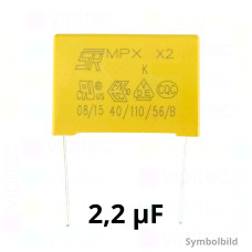 2,2 µF MKP X2 Kondensator, THT, ±10%, 310 VAC, -40..110 °C, 31,5 x 21,6 x 13 mm, RM 27,5 mm