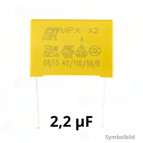 2,2 µF MKP X2 Kondensator, THT, ±10%, 310 VAC, -40..110 °C, 31,5 x 21,6 x 13 mm, RM 27,5 mm 2,2 µF MKP X2 Kondensator, THT, ±10%, 310 VAC, -40..110 °C, 31,5 x 21,6 x 13 mm, RM 27,5 mm