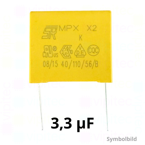 3,3 µF MKP X2 Kondensator, THT, ±10%, 310 VAC, -40..110 °C, 31,5 x 31 x 22 mm, RM 27,5 mm 3,3 µF MKP X2 Kondensator, THT, ±10%, 310 VAC, -40..110 °C, 31,5 x 31 x 22 mm, RM 27,5 mm